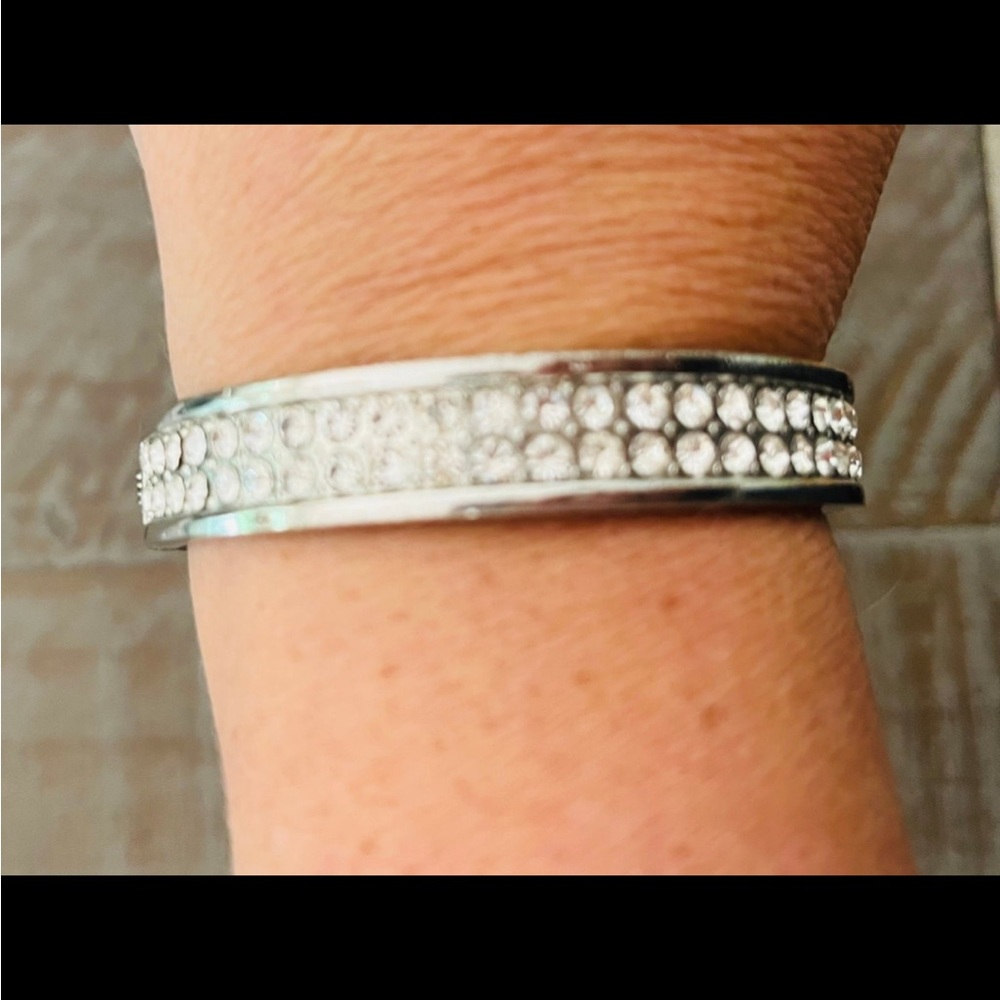 Bangle Bracelet- Silver Rhinestone Two Tone Metal Bangle Bracelet